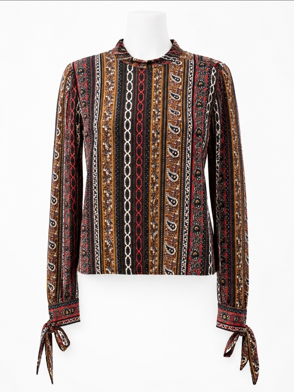 Free People Paisley Stripe Mock Neck Long Sleeve Top - Black/Red/Tan